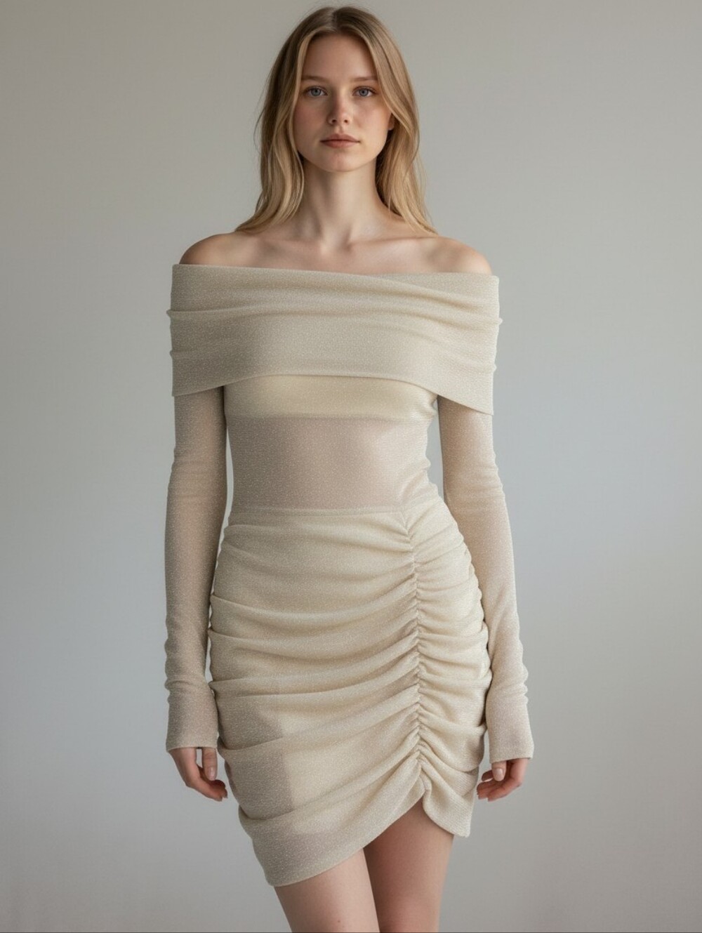 Shimmery Sparkle Cream Ruched Bodycon Dress